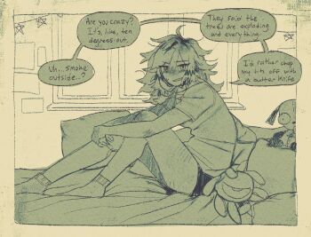 1girl ? blush commentary english_commentary english_text from_side gir_(dog_costume)_(invader_zim) gir_(invader_zim) green_theme invader_zim kiskutnya knees_up limited_palette looking_at_viewer medium_hair messy_hair on_bed open_mouth original pillow shirt short_sleeves shorts socks solo speech_bubble stuffed_toy sweatdrop turning_head white_shirt window