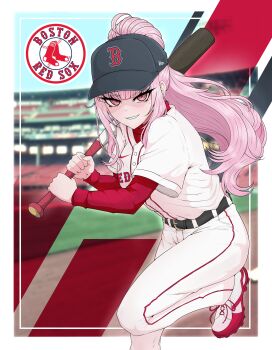 1girl absurdres baseball_bat baseball_cap baseball_stadium baseball_uniform batting_stance blurry blurry_background border boston_red_sox breasts commentary copyright_name cowboy_shot english_commentary hat high_ponytail highres holding holding_baseball_bat hololive hololive_english long_hair looking_at_viewer mayoa mori_calliope outside_border pink_eyes pink_hair ponytail shirt solo sportswear standing standing_on_one_leg textless_version virtual_youtuber white_border white_hat white_shirt