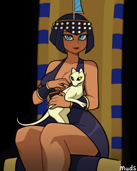 1girl absurdres black_hair black_sclera blue_eyes bob_cut breasts cat cleavage colored_sclera dark-skinned_female dark_skin dress eliza_(skullgirls) highres large_breasts lipstick looking_at_viewer makeup muds muds_(tentacles_r_us) red_lips sekhmet_(skullgirls) short_hair sitting skullgirls smile solo sphynx_cat throne tiara vambraces yellow_eyes