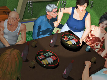 2boys 2girls 3girls bald black_hair blonde_hair blue_shirt bottle chopsticks closed_eyes cup food glasses grey_hair kill_the_king mature_female multiple_boys multiple_girls old plate shirt sitting sushi table tank_top