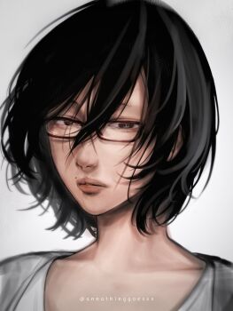 Rule 34 | 1girl, annathinggoesxx, artist name, black hair, brown eyes, glasses, highres, instagram username, looking at viewer, messy hair, mole, mole above mouth, nanjou sachi, oyasumi punpun, parted lips, portrait, shirt, short hair, solo, white shirt