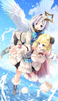 Rule 34 | 2girls, absurdres, ahoge, amane kanata, angel, angel wings, animal ears, asymmetrical bangs, bell sleeves, black boots, black skirt, blonde hair, blue bow, blue bowtie, blue hair, blue sky, bob cut, boots, bow, bowtie, breasts, brooch, cape, carrying, carrying person, city, cloud, colored inner hair, commentary request, creature, curled horns, detached sleeves, dress, feathered wings, frilled skirt, frilled sleeves, frills, fur-trimmed boots, fur-trimmed cape, fur-trimmed sleeves, fur collar, fur trim, grey hair, hair ornament, hair ribbon, hairclip, halo, highres, hololive, horns, jacket, jewelry, large breasts, long hair, long sleeves, mintxnao, multicolored hair, multiple girls, open mouth, parallel hairclips, pink cape, pink hair, pink ribbon, print socks, purple eyes, ribbon, sheep ears, sheep girl, sheep horns, short hair, skirt, sky, sleeves past wrists, socks, star halo, streaked hair, striped clothes, striped socks, tsunomaki watame, turtleneck, virtual youtuber, watamate, white dress, white jacket, white wings, wings