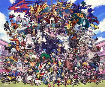 6+boys 6+girls absolutely_everyone absurdres alcremie alcremie_(strawberry_sweet) allister_(pokemon) appletun applin aqua_hair arctovish arctozolt arrokuda audience avery_(pokemon) barraskewda bea_(pokemon) bede_(pokemon) black_hair blipbug blue_hair blue_sky boltund brown_hair calyrex carkol centiskorch charizard chewtle cinderace clobbopus cloud coalossal copperajah corviknight corvisquire cramorant cufant cursola dark-skinned_female dark-skinned_male dark_skin dottler dracovish dracozolt dragapult drakloak drednaw dreepy drizzile dubwool duraludon eiscue eiscue_(ice) eldegoss eternatus everyone falinks fire flame-tipped_tail flapple frosmoth full_body galarian_articuno galarian_corsola galarian_darmanitan galarian_darmanitan_(standard) galarian_darumaka galarian_farfetch&#039;d galarian_form galarian_linoone galarian_meowth galarian_moltres galarian_mr._mime galarian_ponyta galarian_rapidash galarian_slowbro galarian_slowking galarian_slowpoke galarian_stunfisk galarian_weezing galarian_yamask galarian_zapdos galarian_zigzagoon gen_1_pokemon gen_4_pokemon gen_8_pokemon glastrier gloria_(pokemon) gordie_(pokemon) gossifleur grapploct greedent grimmsnarl grookey gym_challenge_uniform hatenna hatterene hattrem highres hop_(pokemon) impidimp indeedee indeedee_(female) indeedee_(male) inteleon kabu_(pokemon) klara_(pokemon) kubfu legendary_pokemon leon_(pokemon) makoto_ikemu marnie_(pokemon) melony_(pokemon) midriff milcery milo_(pokemon) mime_jr. morgrem morpeko morpeko_(full) mr._rime multicolored_hair multiple_boys multiple_girls mustard_(pokemon) mythical_pokemon nessa_(pokemon) nickit nintendo obstagoon official_alternate_costume opal_(pokemon) orbeetle peony_(pokemon) perrserker piers_(pokemon) pincurchin pokemon pokemon_(creature) pokemon_swsh polteageist raboot raihan_(pokemon) regidrago regieleki rillaboom rolycoly rookidee runerigus sandaconda scorbunny silicobra sinistea sirfetch&#039;d sizzlipede skwovet sky snom sobble spectrier sports_bra sportswear stadium stonjourner tail thievul thwackey toxel toxtricity toxtricity_(amped) toxtricity_(low_key) two-tone_hair urshifu urshifu_(rapid) urshifu_(single) victor_(pokemon) wooloo yamper zacian zacian_(crowned) zamazenta zamazenta_(crowned) zarude