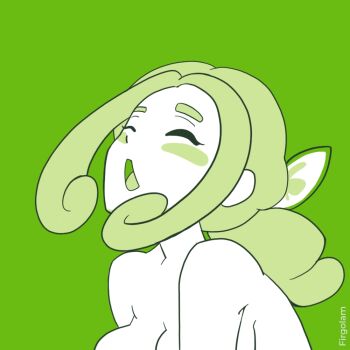 1girl artist_name breasts cleavage closed_eyes commentary english_commentary firgolam green_background moaning nintendo nude open_mouth pokemon pokemon_masters_ex ponytail self-upload sidelocks simple_background solo upper_body viola_(holiday_2023)_(pokemon) viola_(pokemon)