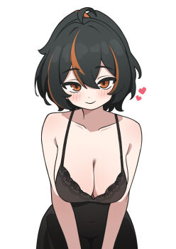 Rule 34 | 1girl, absurdres, alternate costume, arutemisu180, black chemise, black hair, blush, breasts, chemise, cleavage, collarbone, commentary, covered navel, english commentary, heart, highres, large breasts, lingerie, looking at viewer, multicolored hair, ponytail, red eyes, red hair, simple background, smile, solo, streaked hair, underwear, white background, zenless zone zero, zhu yuan