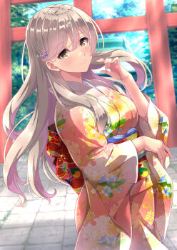 1girl blush brown_eyes brown_hair commentary_request day flower hair_ornament highres hydrangea japanese_clothes kimono long_hair long_sleeves looking_at_viewer new_year orange_kimono outdoors sena_ajisai shrine sidelocks smile solo standing toenketsu torii tree upper_body watashi_ga_koibito_ni_nareru_wake_naijan_murimuri!