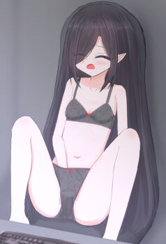 1girl absurdres barefoot black_bra black_hair black_panties blush bow bow_bra bow_panties bra breasts closed_eyes collarbone computer_keyboard crotch_seam elf eyes_visible_through_hair floral_print hair_over_one_eye hand_in_panties highres lace lace-trimmed_bra lace-trimmed_panties lace_trim loli long_hair looking_at_screen masturbation moaning navel open_mouth orgasm original panties pointy_ears print_bra print_panties pussy_juice_stain red_bow shooko sitting small_breasts spread_legs stained_panties underwear very_long_hair wet wet_clothes wet_panties