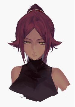 1girl bare_shoulders black_leotard bleach bleach:_sennen_kessen-hen breasts collarbone dark-skinned_female dark_skin female_focus hair_ornament highres leotard long_hair looking_at_viewer parted_bangs ponytail portrait purple_hair shihouin_yoruichi simple_background ui_1231 upper_body white_background yellow_eyes