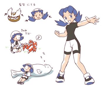 1girl 35yado :3 :d arrow_(symbol) black_shirt black_shorts blue_eyes blue_hair clenched_hand closed_eyes cropped_jacket dewgong eighth_note gen_1_pokemon gen_2_pokemon hat jacket kris_(pokemon) long_hair musical_note nintendo no_headwear no_jacket noctowl open_clothes open_jacket open_mouth outstretched_arm paras pokemon pokemon_(creature) pokemon_gsc shirt short_sleeves shorts simple_background sleeping smile spoken_musical_note squatting translation_request twintails two-tone_shorts u_u white_background white_hat white_jacket white_shorts zzz