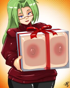 1girl black_pants box breasts breasts_in_a_box christmas christmas_present gift gift_box glasses green_hair hanyuu_mizuki holding holding_present huge_breasts long_hair long_sleeves looking_at_viewer nipples pants ponytail purple_eyes red-framed_eyewear red_sweater shonuff44 smile solo sweater vampire_(ova) wide_hips x-ray