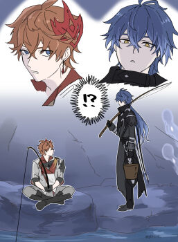 2boys ahoge antenna_hair black_coat blue_eyes blue_hair bucket close-up coat collared_coat commentary_request confused earrings faceless faceless_male fishing fishing_rod flins_(genshin_impact) bad_tag from_side genshin_impact gils3105 gradient_hair grey_jacket grey_pants hair_between_eyes head_tilt highres holding holding_bucket huge_ahoge indian_style jacket jewelry long_hair long_sleeves looking_at_another looking_down mask mask_on_head multicolored_hair multiple_boys no_eyes no_mouth no_pupils orange_hair pants parted_lips red_mask red_scarf scarf short_hair single_earring sitting standing surprised tartaglia_(genshin_impact) water wooden_bucket yellow_eyes