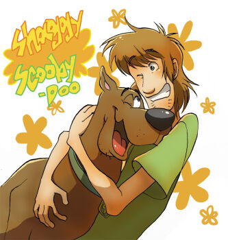 1boy animal_collar animification bad_id bad_pixiv_id blue_eyes brown_hair collar dog facial_hair flower goatee_stubble hug natsuki_nori nyu one_eye_closed scoobert_doo scooby-doo scooby-doo_(character) shaggy_rogers shirt smile stubble t-shirt