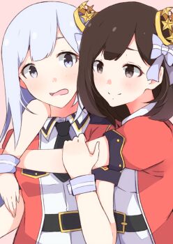 2girls black_necktie blush brown_eyes brown_hair collared_shirt commentary enelis grey_eyes grey_hair hug idolmaster idolmaster_million_live! idolmaster_million_live!_theater_days jacket long_hair minami_saki_(voice_actor) multiple_girls necktie official_alternate_costume open_mouth real_life red_jacket shiny_trinity_(idolmaster) shiraishi_tsumugi shirt short_hair short_sleeves smile voice_actor voice_actor_connection white_shirt