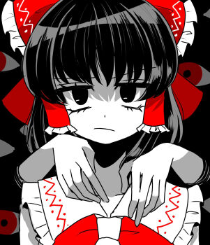 2girls bow closed_mouth commentary_request frilled_bow frilled_hair_tubes frills gap_(touhou) hair_bow hair_tubes hakurei_reimu highres long_hair looking_at_viewer multiple_girls red_bow solo_focus tamiko_(tamik0224) touhou yakumo_yukari