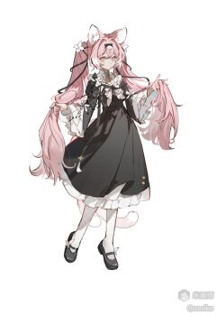 1girl animal_ear_fluff animal_ears black_dress black_ribbon black_shoes cat_ears cat_girl cat_tail closed_mouth crossed_bangs dated double-parted_bangs dress frilled_dress frilled_sleeves frills full_body hair_between_eyes hair_ribbon long_hair long_sleeves looking_at_viewer mary_janes mihuashi_username multiple_tails original pink_hair ribbon shoes signature simple_background socks solo standing tail twintails two_tails white_background white_socks wide_sleeves yellow_eyes zeriko