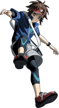 Rule 34 | 1boy, 987645321o, bag, black bodysuit, blue jacket, bodysuit, bodysuit under clothes, brown eyes, brown hair, closed mouth, full body, grey shorts, hashtag-only commentary, hat, highres, jacket, looking at viewer, male focus, nate (pokemon), nintendo, pokemon, pokemon bw2, red shoes, shirt, shoes, short hair, shorts, shoulder bag, simple background, smile, solo, visor cap, white background