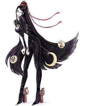 1girl artist_name bayonetta bayonetta_(series) bayonetta_1 beehive_hairdo black_bodysuit black_hair blue_eyes bodysuit breasts cleavage_cutout closed_mouth clothing_cutout commentary crescent floating_hair full_body glasses glint gun highres leaning_forward long_hair looking_at_viewer medium_breasts mole mole_under_mouth parted_bangs semi-rimless_eyewear serinigalini simple_background solo standing under-rim_eyewear very_long_hair weapon white_background
