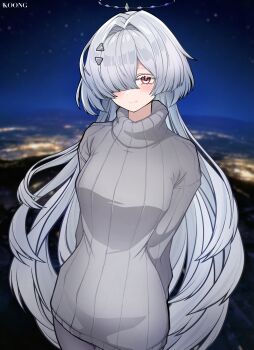 Rule 34 | 1girl, absurdres, alternate costume, arms behind back, artist name, blue sky, blush, breasts, closed mouth, colored eyelashes, commentary, cowboy shot, dress, grey dress, grey hair, grey pantyhose, hair intakes, hair ornament, hair over one eye, halo, highres, long hair, looking at viewer, medium breasts, mornye (wuthering waves), night, outdoors, pantyhose, photo background, red eyes, sky, smile, solo, sweater, sweater dress, turtleneck, turtleneck dress, very long hair, wuthering waves, yoonsun