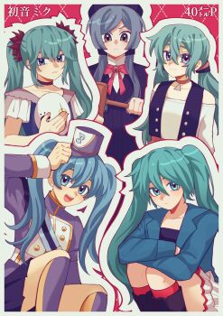 5girls absurdres aqua_hair black_hat black_shirt black_shoes blue_dress blue_hair blue_jacket brooch brown_eyes choker closed_mouth collarbone commentary creator_connection doremifa_rondo_(vocaloid) dress english_commentary frown gavel hair_between_eyes hammer hat hatsune_miku hatsune_miku_(regret) highres holding holding_hammer holding_mask jacket jewelry karakuri_pierrot_(vocaloid) looking_at_viewer mask multiple_girls musical_note outline purple_hat purple_jacket red_choker red_socks ren&#039;ai_saiban_(vocaloid) shirt shoes skirt socks torinoko_city_(vocaloid) twintails vocaloid white_outline white_shirt white_skirt zero_(misamxsa08)