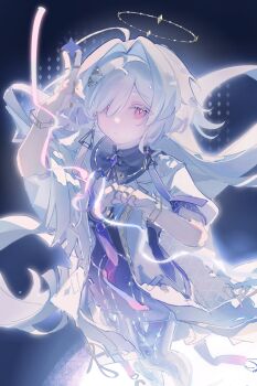 1girl ahoge between_fingers black_background bloom bracelet brooch chinese_commentary closed_mouth colored_eyelashes commentary_request diamond_(shape) dress earrings expressionless feet_out_of_frame floating_hair from_above gem gold_ring hair_intakes hair_ornament hair_over_one_eye halo highres holding jacket jewelry long_bangs long_hair microdress mornye_(wuthering_waves) multiple_rings one_eye_covered open_clothes open_jacket prosthesis prosthetic_leg puffy_short_sleeves puffy_sleeves purple_dress purple_gem red_eyes ring ring_on_every_finger short_sleeves shuiyuan solo standing string triangle_earrings triangle_hair_ornament very_long_hair white_eyelashes white_hair white_jacket wuthering_waves