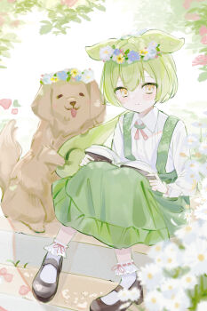 1girl :p absurdres alternate_costume animal black_shoes book collared_shirt commentary_request daisy_(flower) dog edamame flower full_body green_hair green_ribbon green_suspenders hair_between_eyes head_wreath highres holding holding_book leaf light_blush light_smile long_hair long_sleeves low_ponytail mary_janes neck_ribbon ojou-sama_zundamon on_floor open_book ponytail reading red_ribbon ribbon rose shirt shoes sitting skirt socks solo suspender_skirt suspenders tongue tongue_out voicevox white_background white_shirt white_socks yellow_eyes yojine zundamon