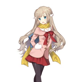 Rule 34 | 1girl, aqua eyes, arms behind back, black pantyhose, bow, bowtie, braid, breasts, chocolate, coat, commentary request, food, hair between eyes, holding, holding chocolate, holding food, lidelle esquire, long hair, medium breasts, pantyhose, pink coat, red bow, red bowtie, red skirt, rie (reverie), scarf, skirt, uchi no hime-sama ga ichiban kawaii, very long hair, yellow scarf