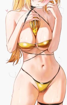 1girl areola_slip artist_name between_breasts bikini blush breasts can commentary darkness_(konosuba) english_commentary groin hair_between_eyes hands_up head_out_of_frame heart highres kono_subarashii_sekai_ni_shukufuku_wo! large_breasts long_hair monster_energy navel o-ring o-ring_bikini o-ring_top simple_background solo sweat swimsuit thighs twitter_username underboob waligner white_background yellow_bikini