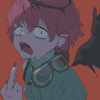 1boy black_nails child ear_piercing earrings goggles goggles_around_neck high_collar highres jewelry male_focus middle_finger open_mouth original piercing pointy_ears short_hair solo sup_(wwwsupwww) tongue tongue_out upper_body wings