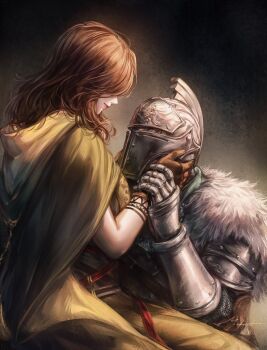 1boy 1girl absurdres armor bearer_of_the_curse blue_eyes brown_gloves brown_hair cloak closed_mouth commentary dark_souls_(series) dark_souls_ii emerald_herald english_commentary full_armor gauntlets gloves green_cloak hands_on_headwear helm helmet highres holding_another&#039;s_arm hood hooded_cloak knight mabotnb sitting