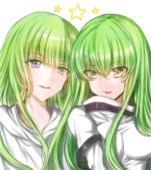 1boy 1girl :p blunt_bangs breasts c.c. close-up code_geass color_connection commentary_request crossover enkidu_(fate) eyelashes eyes_visible_through_hair fate/grand_order fate_(series) female_focus green_hair hair_between_eyes hair_color_connection hairstyle_connection kingu_(fate) large_breasts long_hair look-alike looking_at_viewer parted_lips purple_eyes rincha_(rinrinrincha) shirt side-by-side simple_background smile star_(symbol) straight_hair teeth tongue tongue_out trait_connection upper_teeth_only very_long_hair white_background white_shirt yellow_eyes