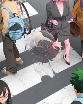 2boys 3girls 4girls absurdres arms_behind_back ashido_mina boku_no_hero_academia braid breasts business_suit cellphone cleavage closed_mouth colored_skin commentary_request crosswalk emergence_(shindol) formal_clothes from_above glasses green_hair hado_nejire hagakure_toru high_heels highres holding holding_phone khyle. lanyard long_hair looking_at_phone looking_at_viewer midoriya_izuku mineta_minoru multiple_boys multiple_girls nude office office_lady partially_invisible pencil_skirt phone pink_hair pink_skin public_indecency public_nudity road school_uniform shirt short_hair skirt skirt_suit smartphone smile spiked_hair street suit tape twin_braids white_shirt yoshida_saki