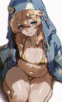 1boy androgyne_symbol aqua_eyes bikini blonde_hair blue_jacket bridget_(guilty_gear) bulge chromatic_aberration commentary_request drawstring gold_bikini guilty_gear guilty_gear_strive highres hood hood_up hooded_jacket hoodie jacket kneeling long_sleeves looking_at_viewer male_focus micro_bikini nougoku_uni open_clothes open_hoodie simple_background smile solo string_bikini sweat swimsuit thighs trap white_background