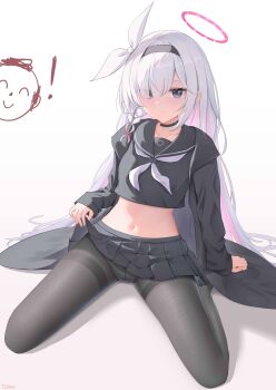 Rule 34 | !, 1boy, 1girl, absurdres, artist name, black choker, black hairband, black panties, black pantyhose, black sailor collar, black serafuku, black shirt, black skirt, blue archive, bow, braid, choker, clothes lift, colored inner hair, commentary, doodle sensei (blue archive), doraski, gradient background, hair bow, hair over one eye, hairband, halo, highres, long hair, long legs, multicolored hair, neckerchief, panties, panties under pantyhose, pantyhose, pink hair, pink halo, plana (blue archive), pleated skirt, purple eyes, sailor collar, school uniform, sensei (blue archive), serafuku, shirt, skirt, skirt lift, underwear, white bow, white hair, white neckerchief
