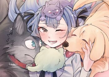 1girl animalization ave_mujica_(bang_dream!) bang_dream! bang_dream!_it&#039;s_mygo!!!!! black_ribbon blue_hair blush brown_eyes cat chinese_commentary commentary_request dog hair_ribbon highres long_hair misumi_uika open_mouth ribbon shirt signature togawa_sakiko two_side_up wakaba_mutsumi white_shirt yahata_umiri yoyoray20001996 yuutenji_nyamu