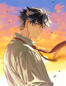 1boy black_hair blue_eyes closed_mouth commentary earrings english_commentary genshin_impact grey_hair hair_between_eyes highres jewelry larskukka looking_at_viewer male_focus multicolored_hair necktie red_necktie scar scar_on_neck shirt short_hair smile solo streaked_hair sunset white_shirt wriothesley_(genshin_impact)