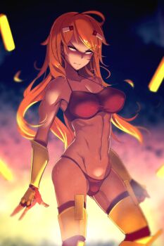 1girl abs at2. blaze_(minecraft) blonde_hair bra breasts cleavage closed_mouth dark-skinned_female dark_skin highres large_breasts looking_at_viewer minecraft mob_talker narrowed_eyes panties personification red_bra red_panties solo toned underwear yellow_eyes