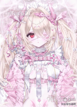 1girl absurdres blonde_hair blush bow breasts candlestand commission eyepatch frills hair_between_eyes hair_bow heart heart_eyepatch highres holding_candlestand horns looking_at_viewer maid_headdress mihuashi_commission original pink_bow pink_horns pink_sleeves pointy_ears red_eyes si_bi_kuai_hua_a solo too_many_watermarks twintails underboob upper_body watermark wide_sleeves yami_kawaii