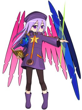 1girl ami_(ammy33) armor black_pants book boots coat etrian_odyssey female_focus fingerless_gloves full_body gloves hat holding holding_book large_variant_set long_hair long_sleeves looking_at_viewer magic open_book open_mouth outstretched_arm pants purple_boots purple_coat purple_eyes purple_hair purple_hat sekaiju_no_meikyuu sekaiju_no_meikyuu_3 shoulder_armor solo standing star_(symbol) variant_set zodiac_(sekaiju) zodiac_2_(sekaiju)