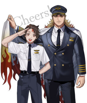 Rule 34 | 2boys, :d, alternate costume, arm at side, arm up, belt, black belt, black hat, black jacket, black necktie, black pants, blonde hair, breast pocket, brown hair, cape, closed mouth, collared shirt, colored tips, contemporary, cowboy shot, dress shirt, english text, facial scar, flame print, formal clothes, hand on own hip, hand up, hashimoto (yanagi-momo), hat, height difference, jacket, kamado tanjirou, kimetsu no yaiba, lifting own clothes, long hair, long sleeves, looking at viewer, male focus, military, military hat, military uniform, multicolored hair, multiple boys, necktie, open mouth, pants, peaked cap, pocket, red eyes, red hair, rengoku kyoujurou, salute, scar, scar on cheek, scar on face, scar on forehead, shirt, short hair, short sleeves, side-by-side, simple background, smile, standing, streaked hair, two-tone hair, white background, white cape, white shirt, yaoi, yellow eyes