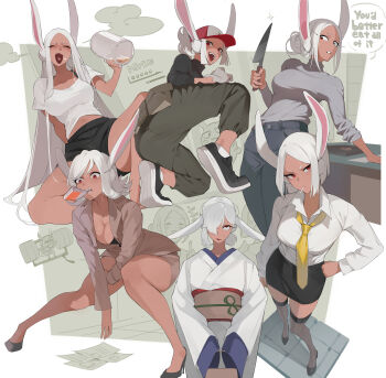 1girl absurdres alternate_costume alternate_hairstyle animal_ears ankle_socks bare_legs barefoot baseball_cap beer_mug belt_pouch between_legs biting black_shirt black_shoes black_shorts black_thighhighs boku_no_hero_academia bra_strap breasts brown_jacket brown_skirt character_name chibi cleavage closed_mouth collarbone collared_shirt commentary cup dark-skinned_female dark_skin english_commentary english_text exercising flipped_hair foam_on_face gloves grey_pants grey_shirt hair_between_eyes hair_bun hair_over_one_eye hand_between_legs hand_on_own_hip hat high_heels highres holding holding_cup holding_knife jacket japanese_clothes kimono knife kopam korean_commentary large_breasts long_eyelashes long_hair looking_at_viewer medium_hair mirko mixed-language_commentary mouth_hold mug multiple_views navel necktie obi on_one_knee open_mouth pants paper parted_bangs parted_lips pencil_skirt ponytail pouch pumps rabbit_ears rabbit_girl reaching red_eyes rolling_eyes sash shirt shirt_tucked_in shoes short_hair shorts skirt smile socks speech_bubble squatting sweatdrop thighhighs thighs toned toned_female turtleneck turtleneck_shirt two-tone_hat very_long_hair weightlifting white_gloves white_hair white_kimono white_shirt white_socks yellow_necktie