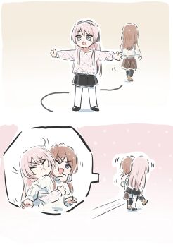 Rule 34 | 2girls, bang dream!, bang dream! it's mygo!!!!!, black pantyhose, black skirt, blue eyes, brown hair, brown skirt, chihaya anon, closed mouth, commentary, fang, grey eyes, highres, hug, hug from behind, long hair, lyy, multiple girls, nagasaki soyo, one eye closed, open mouth, outstretched arms, pantyhose, pink hair, pleated skirt, skirt, spread arms, untranslatable commentary, white pantyhose, yuri