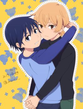 2boys black_hair black_sweater blue_eyes blue_hair blue_pants blue_shirt boku_dake_ga_inai_machi brown_eyes brown_hair closed_mouth commentary_request denim dotted_line frown fujinuma_satoru green_pants hug jeans kobayashi_kenya long_sleeves mairu_(582284310) male_focus multiple_boys pants raglan_sleeves shirt short_hair sweater turtleneck turtleneck_sweater yaoi yellow_background