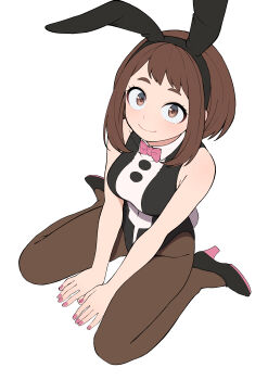 1girl absurdres animal_ears bare_shoulders boku_no_hero_academia bow bowtie breasts brown_eyes brown_hair brown_pantyhose closed_mouth fake_animal_ears female_focus high_heels highres kobaji large_breasts looking_at_viewer pantyhose pink_bow pink_bowtie pink_nails playboy_bunny rabbit_ears short_hair sidelocks simple_background smile solo uraraka_ochako uraraka_ochako_(hero_outfit) white_background