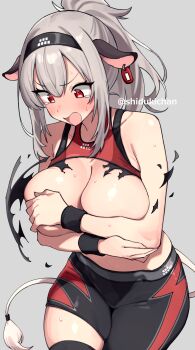 1girl animal_ears artist_name bare_shoulders beatmania_iidx bemani black_hairband black_shorts black_thighhighs blush breasts breasts_out character_request covering_breasts covering_privates cow_ears cow_girl cow_tail cowboy_shot embarrassed exploding_clothes grey_background grey_hair hairband highres long_hair looking_down open_mouth ponytail red_eyes shigatsu_shizuki shorts simple_background solo sweatband tail tearing_up tears thighhighs twitter_username v-shaped_eyebrows
