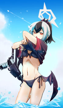 1girl aircraft airplane akaimame alternate_costume bikini black_bikini black_hair black_horns black_panties blue_archive blue_sky breasts bright_pupils cloud commentary_request demon_horns grey_halo gun h&amp;k_p30 hair_between_eyes halo handgun highres horns kayoko_(blue_archive) lifting_own_clothes long_hair looking_at_viewer multicolored_hair ocean open_mouth panties ponytail red_eyes sky small_breasts solo swimsuit two-tone_hair underwear undressing weapon white_hair white_pupils wings