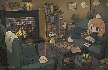 1girl animal ayu_(mog) bag black_cat black_dress black_hat black_shoes blue_eyes book bookshelf bottle candle cat chibi chibi_only closed_mouth commentary commentary_request couch crystal cup dress english_commentary fire fireplace flower full_body ghost hat holding holding_mushroom indoors lantern leaf long_hair long_sleeves mixed-language_commentary mushroom one-eyed open_book orange_hair original pantyhose picture_frame plant potted_plant quill red_pantyhose romaji_commentary scroll shoes signature sitting solo staff stool striped_clothes striped_pantyhose table towel twitter_username unworn_hat unworn_headwear vase watermark white_flower witch_hat yarn yarn_ball