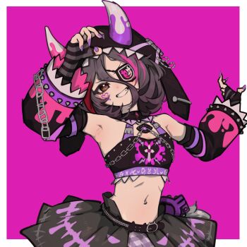 1girl anderson_m0311 arm_warmers brown_eyes commentary_request crop_top detached_sleeves eyepatch facial_mark fingernails flat_chest grey_hair hayasaka_mirei heart heart_facial_mark highres hood idolmaster idolmaster_cinderella_girls long_fingernails multicolored_hair navel red_hair short_hair skirt smile solo two-tone_hair