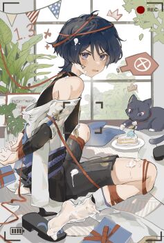 1boy ^^^ anger_vein animalization annoyed armor arms_behind_back artistic_error belt birthday black_belt black_bodysuit black_hair black_sandals black_shorts blue_rope blunt_ends blush bodysuit bound bound_wrists box bunting cake cake_slice cream cream_on_clothes cream_on_face dated english_text eyelashes eyeliner eyeshadow food food_on_face frown furisode genshin_impact gift gift_box hakama hakama_shorts highres ice_cream indoors japanese_armor japanese_clothes kimono kote kurokote makeup male_focus off_shoulder open_hands open_mouth person_and_animalization plant plate pleated_shorts purple_eyes purple_rope purple_sash red_eyeliner red_eyeshadow red_ribbon ribbon ribbon_around_body ribbon_around_head rope sandals sash scaramouche_(cat)_(genshin_impact) scaramouche_(genshin_impact) shibari shibari_over_clothes shimianaya short_sleeves shorts sitting socks solo spoken_x unworn_sandals v-shaped_eyebrows viewfinder wanderer_(genshin_impact) wariza white_kimono white_sleeves white_socks wispy_bangs zouri