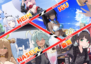 29hyeon 6+girls absurdres against_glass airi_(blue_archive) artist_name asuna_(blue_archive) bikini black_hair blue_archive breasts buttons cheerleader cleaning cleaning_rag cleaning_windows cleavage comiket_106 dark-skinned_female dark_skin double-breasted eimi_(blue_archive) foam hairband halo highres himari_(blue_archive) holding holding_plate holding_pom_poms holding_rag karin_(blue_archive) large_breasts long_hair maid maid_headdress milkshake millennium_cheerleader_outfit_(blue_archive) millennium_science_school_logo multiple_girls naseul_777 navel nonomi_(blue_archive) one_eye_closed pink_hair pink_halo plate pointy_ears pom_pom_(cheerleading) pom_poms ponytail race_queen ranyu swimsuit team_cendrillon toki_(blue_archive) twitter_username v washing_vehicle window wiping yata_mawari yellow_eyes yume_(blue_archive) zipper zipper_pull_tab