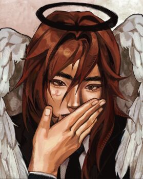 1boy alternate_halo angel_devil_(chainsaw_man) angel_wings black_halo black_jacket black_necktie chainsaw_man collared_shirt commentary_request eyelashes hair_between_eyes halo hand_to_own_mouth highres jacket jinazugawa lips long_hair looking_at_viewer male_focus mismatched_eyebrows necktie nose portrait shirt solo suit_jacket thick_eyebrows white_shirt white_wings wings
